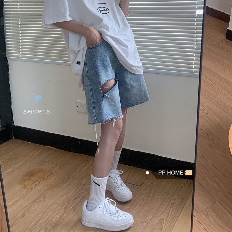 Áo liền quần Denim Ngắn Ống Rộng Lưng Cao Phối Rách Thời Trang Mùa Hè Cho Nữ