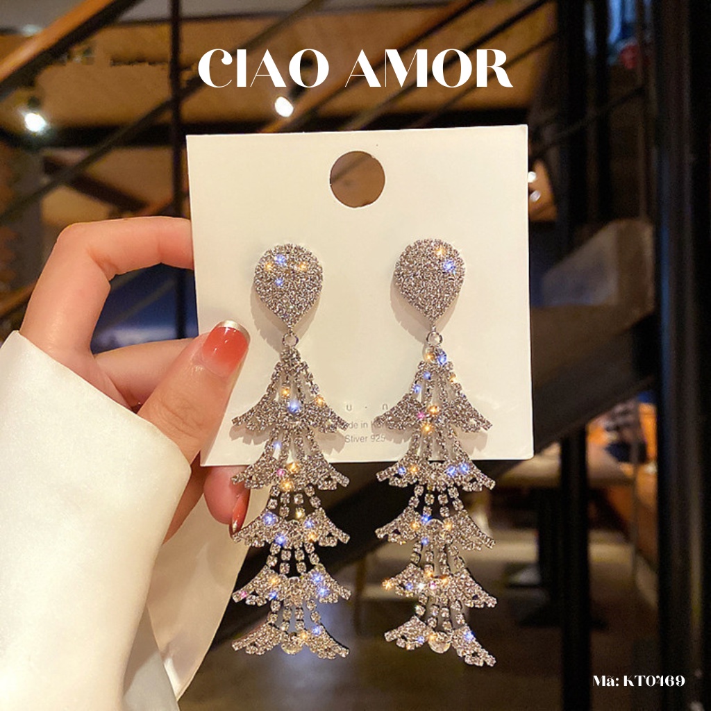 Khuyên tai nữ, Bông tai nữ dài lá tầng bling dự tiệc lấp lánh sang trọng Trang sức Ciao Amor - KT0469