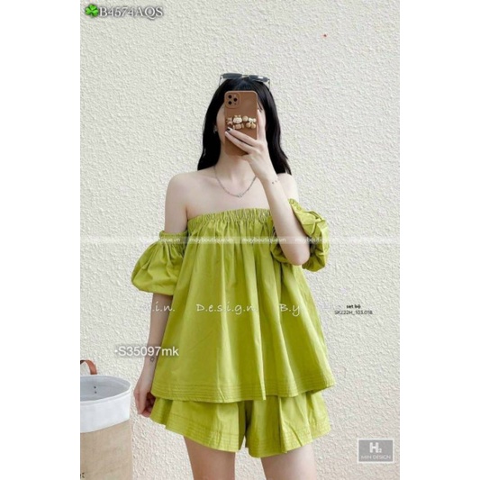 Set Babydoll Nữ Bánh Bèo Trễ Vai, Set Áo Bẹt Vai Tay Phồng Dáng Rộng Bigsize Kèm Quần Đùi Vải Thô Lụa Mịn Mát