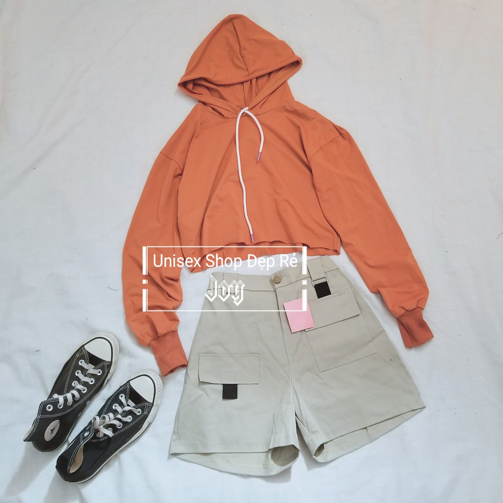 ÁO THUN CROPTOP TRƠN CÓ NÓN FORM RỘNG TAY DÀI ULZZANG - ÁO NHÓM CROP HOODIE BASIC 1