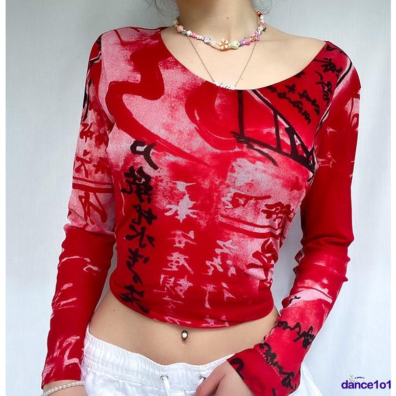 Áo Thun Nữ Tay Dài Ôm Dáng In Họa Tiết Graffiti Sành Điệu