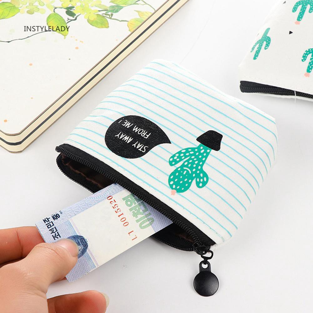 Ví đựng tiền mini bằng vải canvas in họa tiết xương rồng xinh xắn dành cho nữ