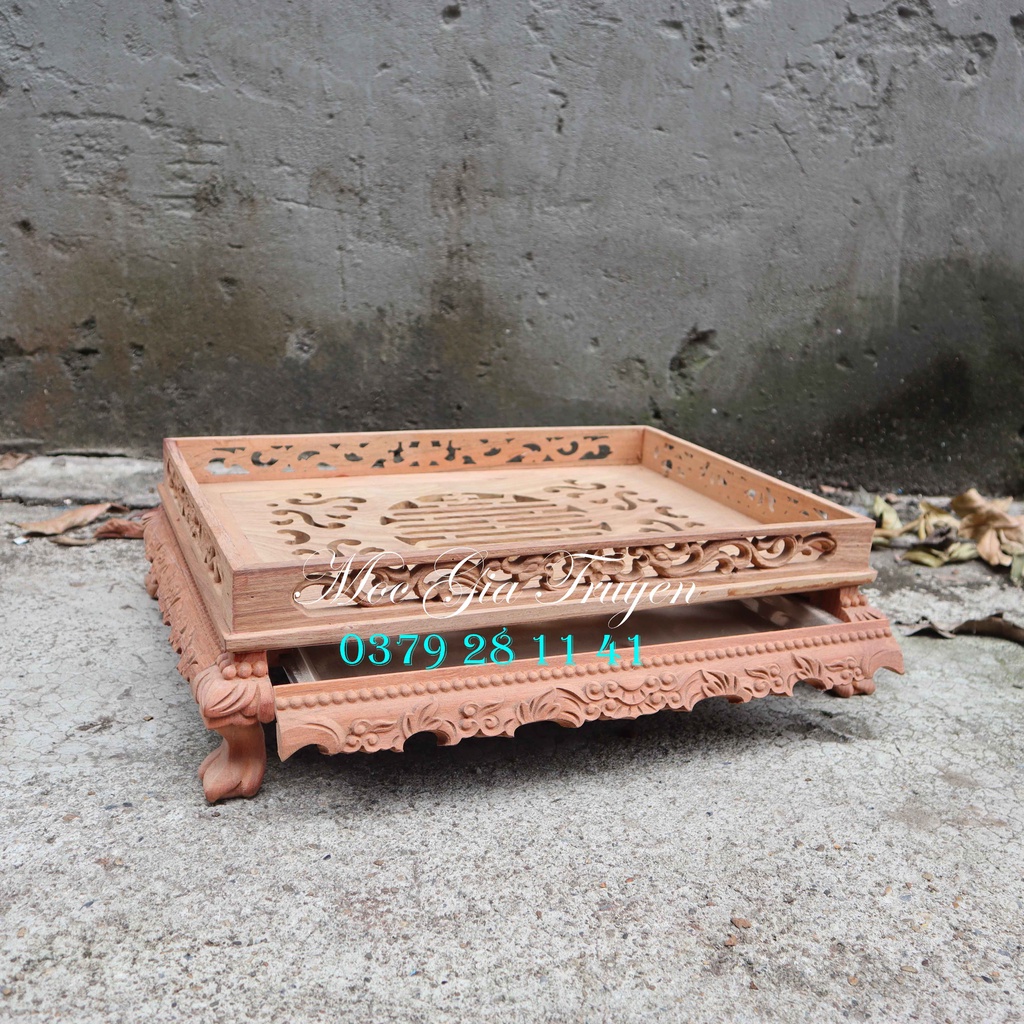 Khay trà phòng khách bàn trà chân quỳ gỗ hương có khay inox