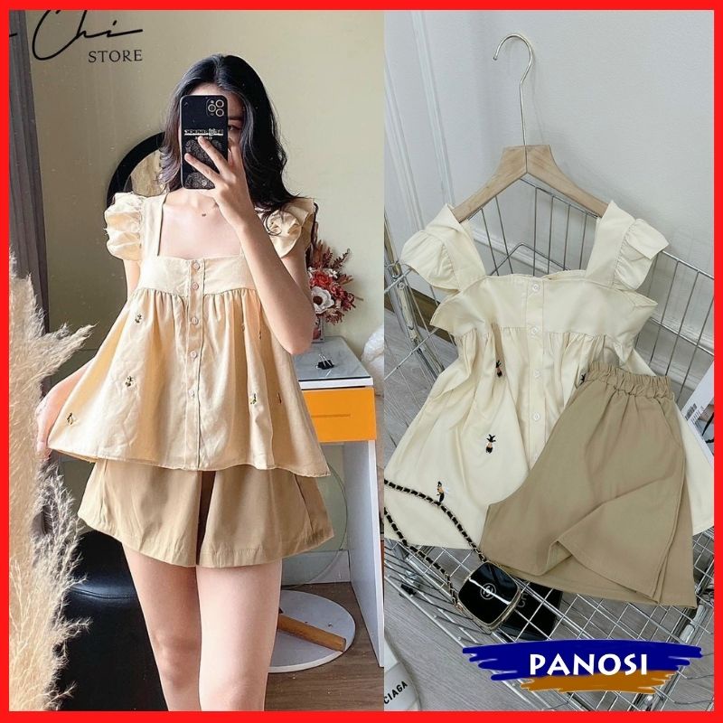 Bộ mặc nhà babydoll nữ thêu tổ ong tay cánh tiên chất đũi lụa mềm mát - Mã B110