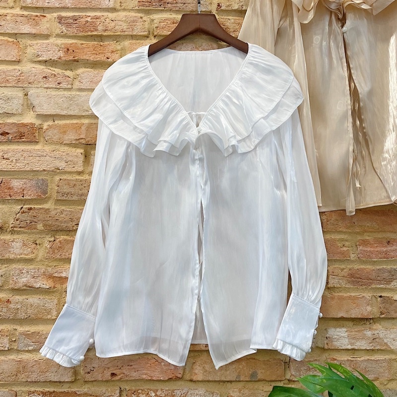 Áo sơ mi kiểu nữ tay dài chất liệu organza 2 màu nude và trắng