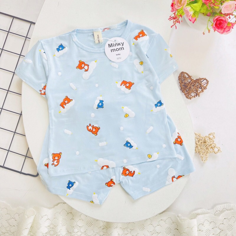 Bộ Đồ Áo Cộc Tay Thun Lạnh Minky Mom Hoạ Tiết Hươu Cao Cổ, Mây Cầu Vồng, Gấu Cho Bé Gái, Bé Trai - 5 màu