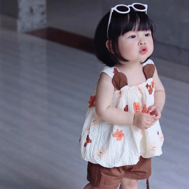 Bộ Áo Hai Dây Họa Tiết Gấu Hoạt Hình + Quần Short Thời Trang Mùa Hè Cho Bé Gái