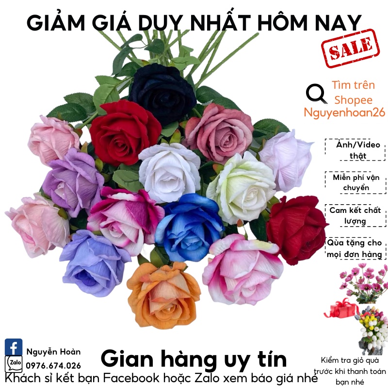 Hoa Hồng Nhung Giả bông to cành dài 70cm đường kính bông 10cm chất liệu nỉ nhung, phù hợp với mọi không gian