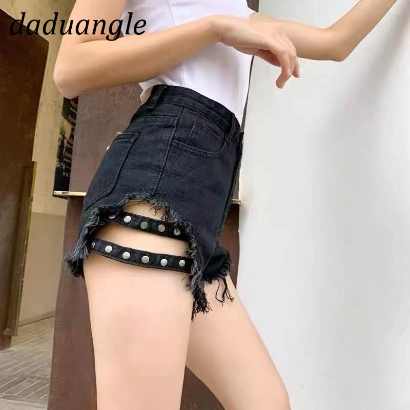 Quần đùi denim DADUHEY mỏng lưng cao ống rộng khoét lỗ thời trang thường ngày 2022 mới dành cho nữ