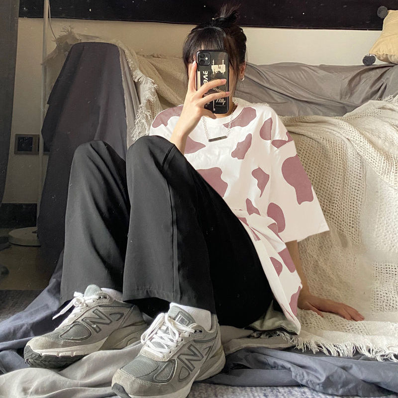 COZOK Áo Thun phông form rộng Tay Ngắn Dáng Rộng Họa Tiết Bò Sữa Thời Trang Mùa Hè 2020 Cho Nữ