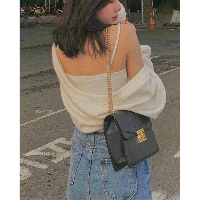 Set áo hai dây croptop màu trắng tặng kèm áo khoác cardigan len chất vải gân mềm mịn Nhungkudo