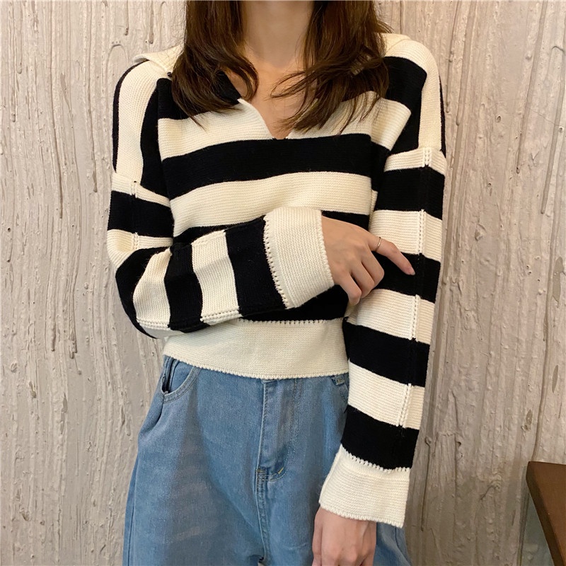 Áo sweater dệt kim Perty hoạ tiết kẻ sọc phong cách retro Hàn Quốc thời trang thu đông cho nữ