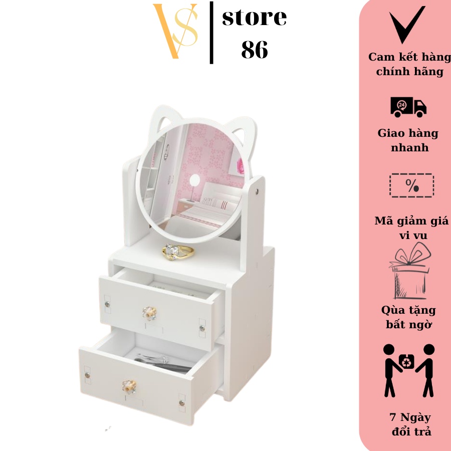 Kệ đựng mỹ phẩm có gương dễ thương-Hộp để đồ trang điểm mini kèm gương tai mèo tiện lợi VS STORE