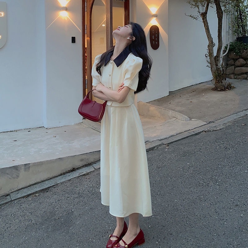 Set áo ngắn và váy dài phong cách retro cho nữ