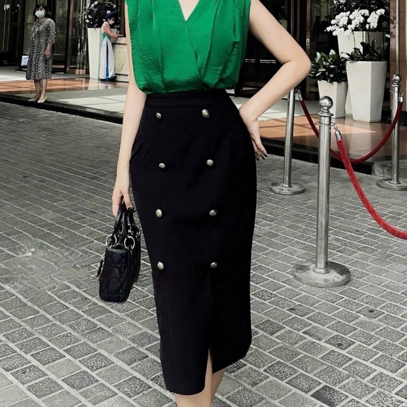 Chân váy bút chì G286 dài màu đen CÓ BIGSIZE đính cúc kim loại - GEM Fashion