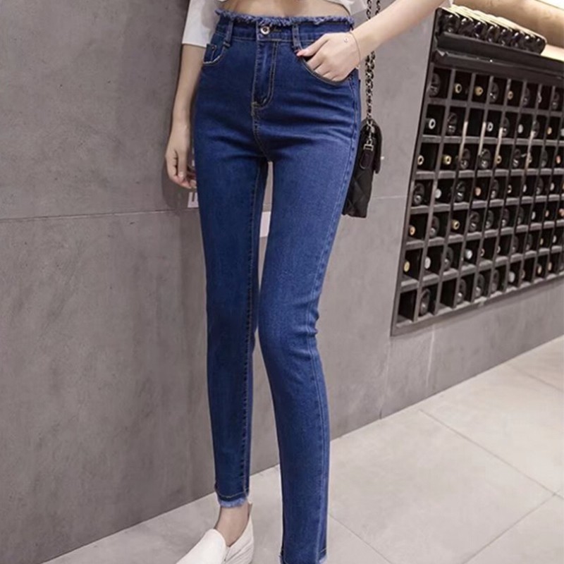 Quần jeans bút chì lưng cao màu trơn phong cách Hàn Quốc cho nữ