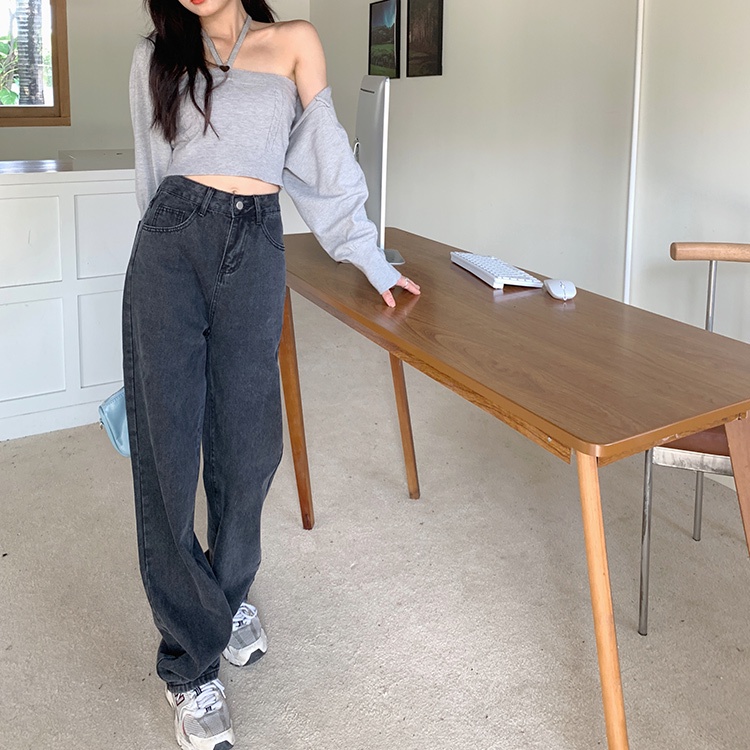 Quần jeans lưng cao ống rộng phong cách retro đường phố cho nữ