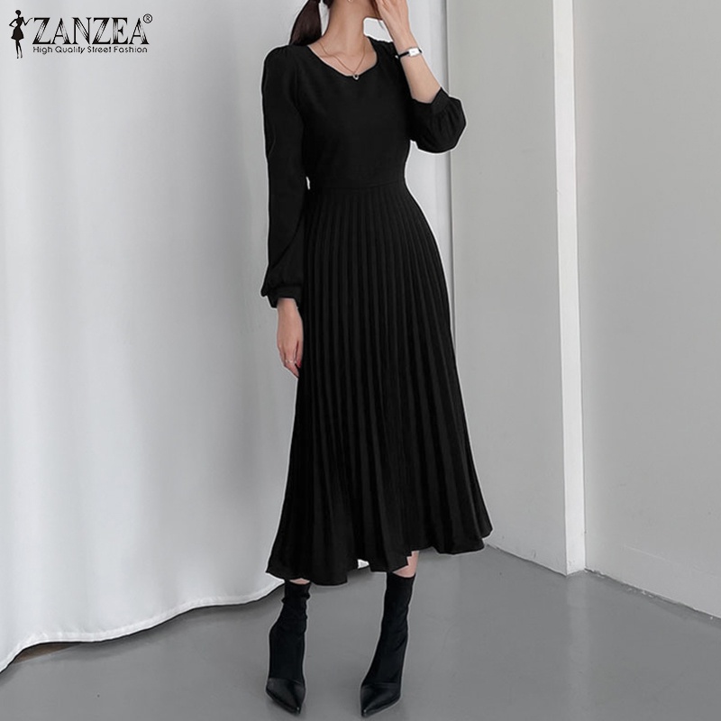 Đầm Zanzea dài xếp ly tay dài cài nút sau lưng thời trang cho nữ