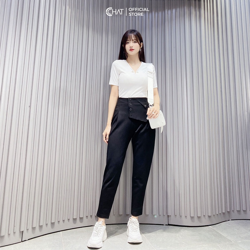 Quần Baggy Nữ 𝐂𝐂𝐇𝐀𝐓 Kiểu Tà Lệch Đính Khuy Túi Trước Chất Thun Cao Cấp Phong Cách Trẻ Trung 22IDC2003OT