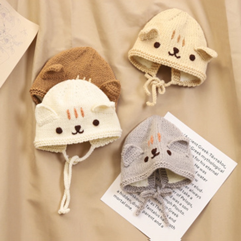 Mũ Beanie Dệt Kim Phối Lông Giữ Ấm Tai Hình Mèo Dễ Thương Cho Bé
