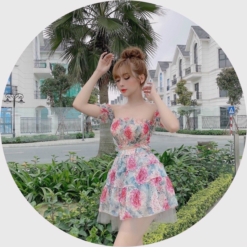 Set Hoa Bèo Nhún Trễ Vai Pha Lưới