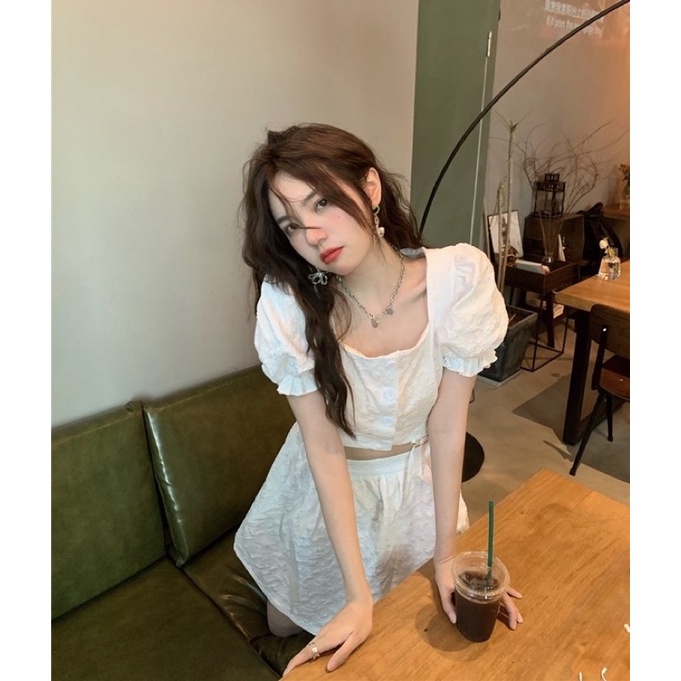 Set áo croptop cổ vuông tay bồng + chân váy chữ A trắng dễ thương ulzzang Hàn Quốc [Yannie]