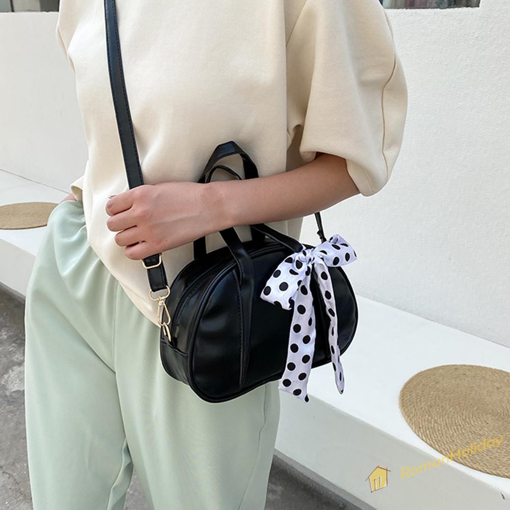 【On Sale】Vintage Women PU Pure Color Silk Scarf Messenger Bag Casual Bowknot Handbag