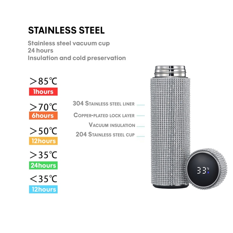 Creative Diamond Thermos Bottle Water Bottle Stainless Steel Smart Temperature Display Vacuum Flask Mug Gift for Men Women