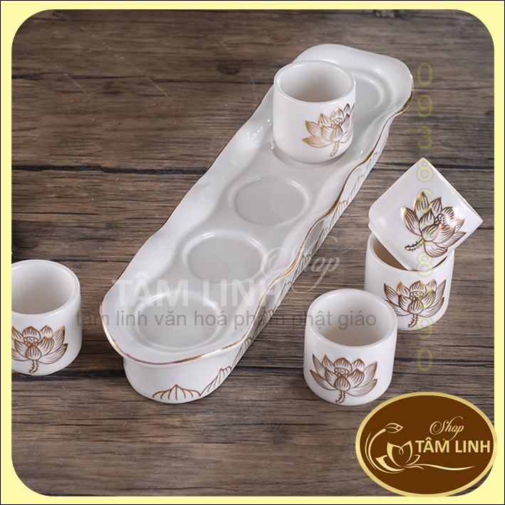 Bộ Án 5 ly Bạch Ngọc Sen Nổi Bằng Sứ Cao Cấp - Loại 1
