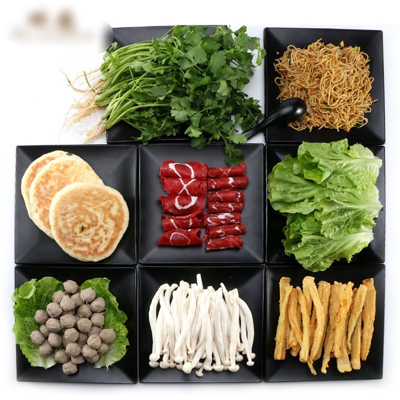 Đĩa Đen phíp MELAMINE vuông để món khai vị, BBQ, decor, trang trí bàn tiệc