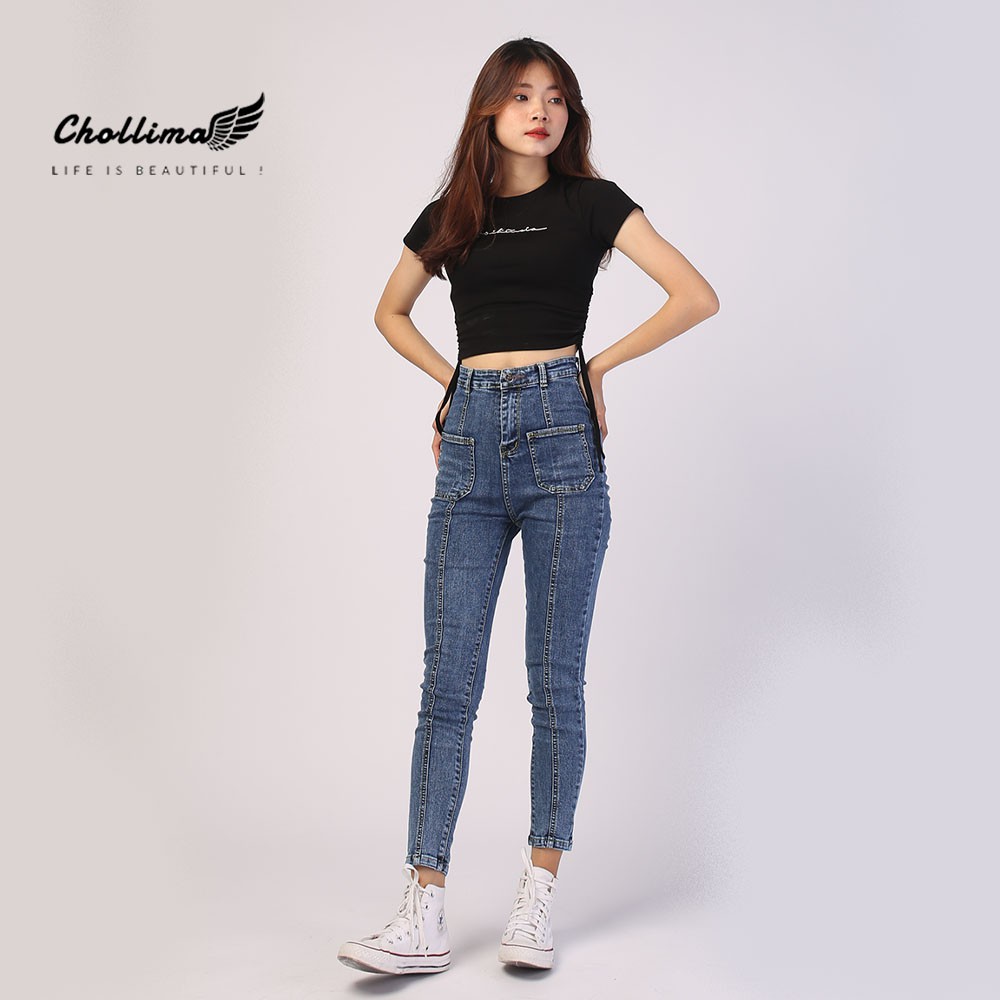 Quần jeans dài nữ co giãn Chollima cạp siêu cao đắp 2 túi vuông QD004 phong cách trẻ trung năng động