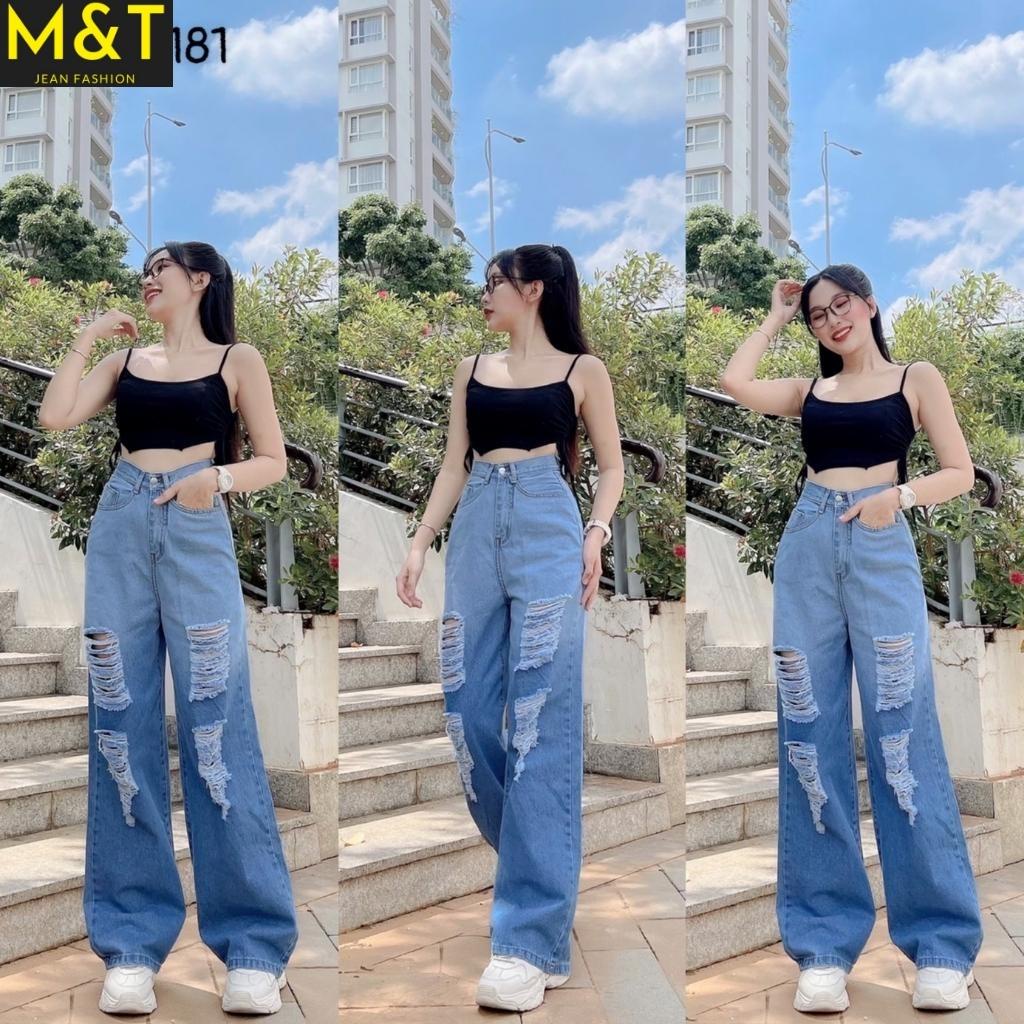 Quần Jean nữ ống suông cạp cao loang màu rách gối, chất bò dày dặn, không nhăn, không xù khi giặt MT5181
