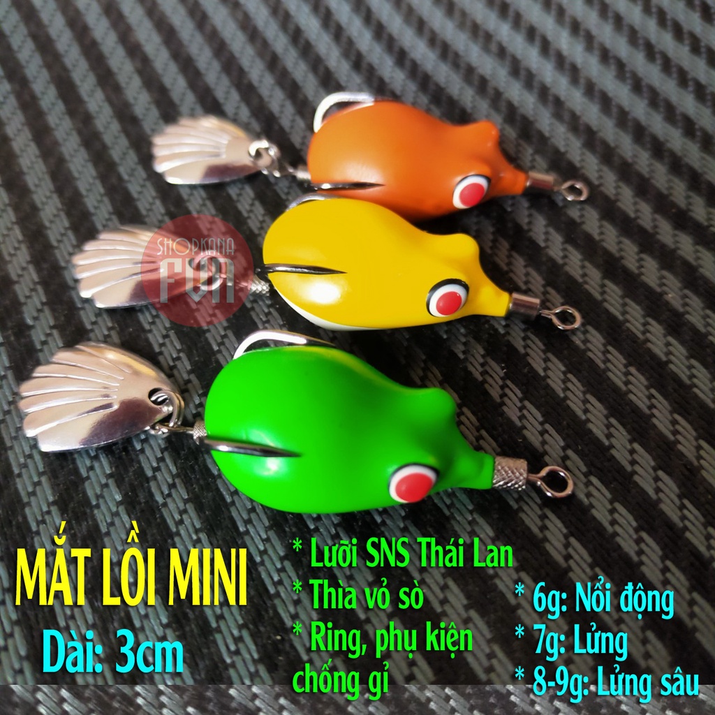 Mồi câu Lure nhái hơi Mắt Lồi Mini, dài 3cm, trị bú bình, ring phụ kiện chống gỉ