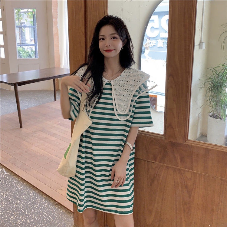 Đầm Tay Ngắn Ống Loe Họa Tiết Kẻ Sọc Phong Cách Hàn Quốc