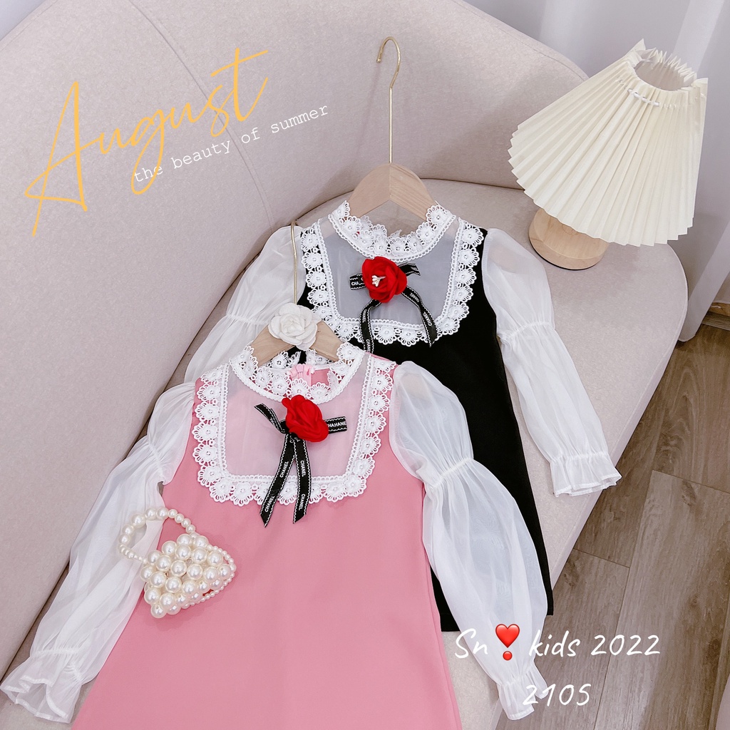 Váy cho bé gái, váy tiểu thư vải chéo hàn phối cổ ren và hoa trà đỏ cho bé size 12-32kg
