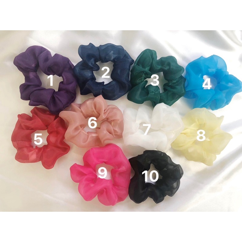Scrunchies trơn lụa satin, voan kính