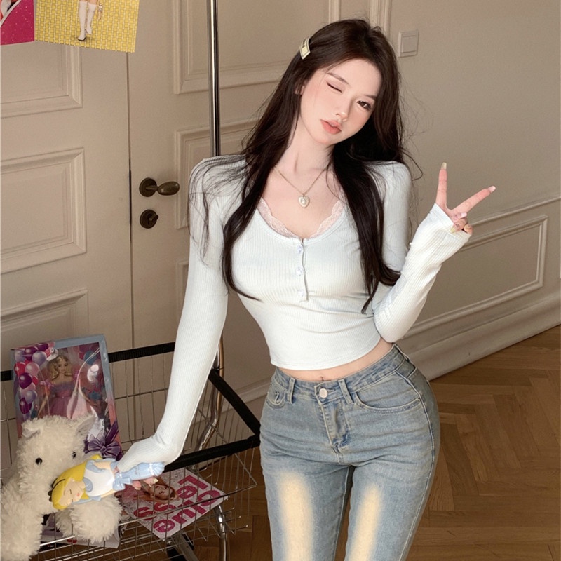 Áo Thun Tay Dài Phối Ren Hoa Màu Sắc Thanh Lịch