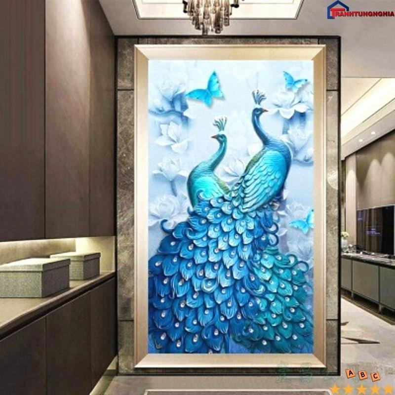 Tranh đính đá, tranh thêu chữ thập đôi công phú quý cát tường 50cm x 80cm