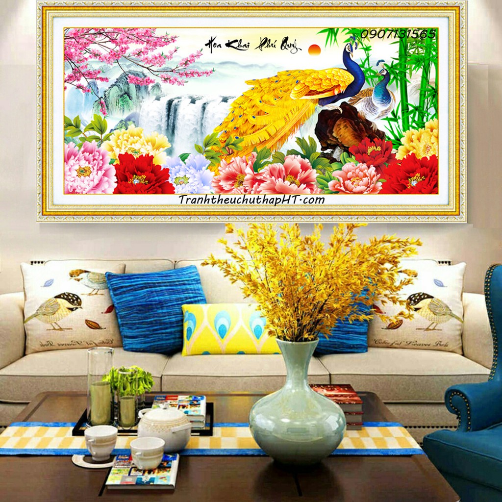 Tranh thêu chữ thập chim công mẫu đơn Hoa khai phú quý LV3054 - size: 100*51cm (tự thêu)