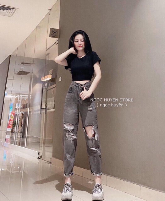 Quần baggy jean nữ lưng cao, cắt rách màu xám jean LB2020 LB Jean Fashion