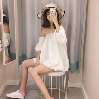 áo sơ mi ulzzang sơ mi nữ sơ mi trắng đen áo kiểu Hàn Quốc trễ vai bẹt vai