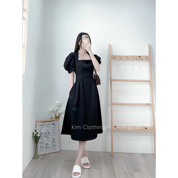 [Hàng sẵn - Hình thật] Đầm đen cổ vuông tay bồng midi xoè túi bầu