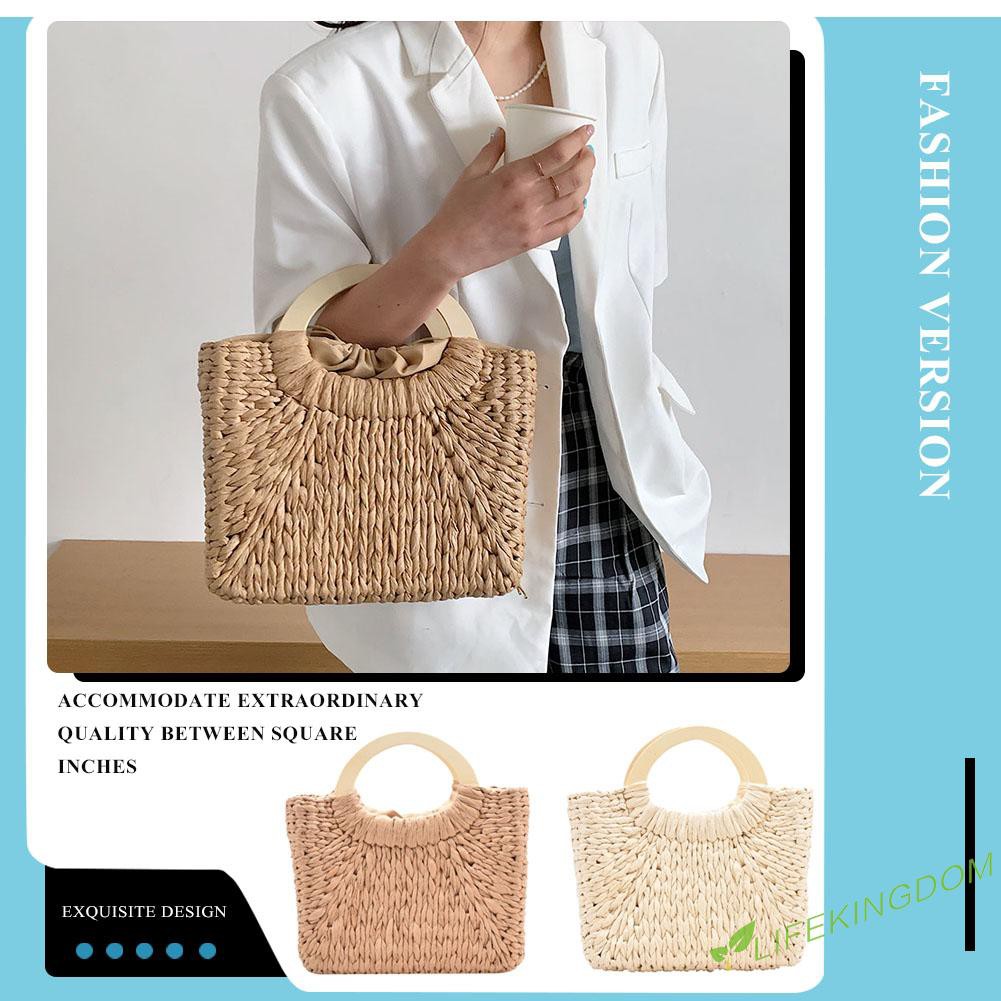 Retro Women Straw Woven Drawstring Pure Color Handbag Beach Shopping Bags