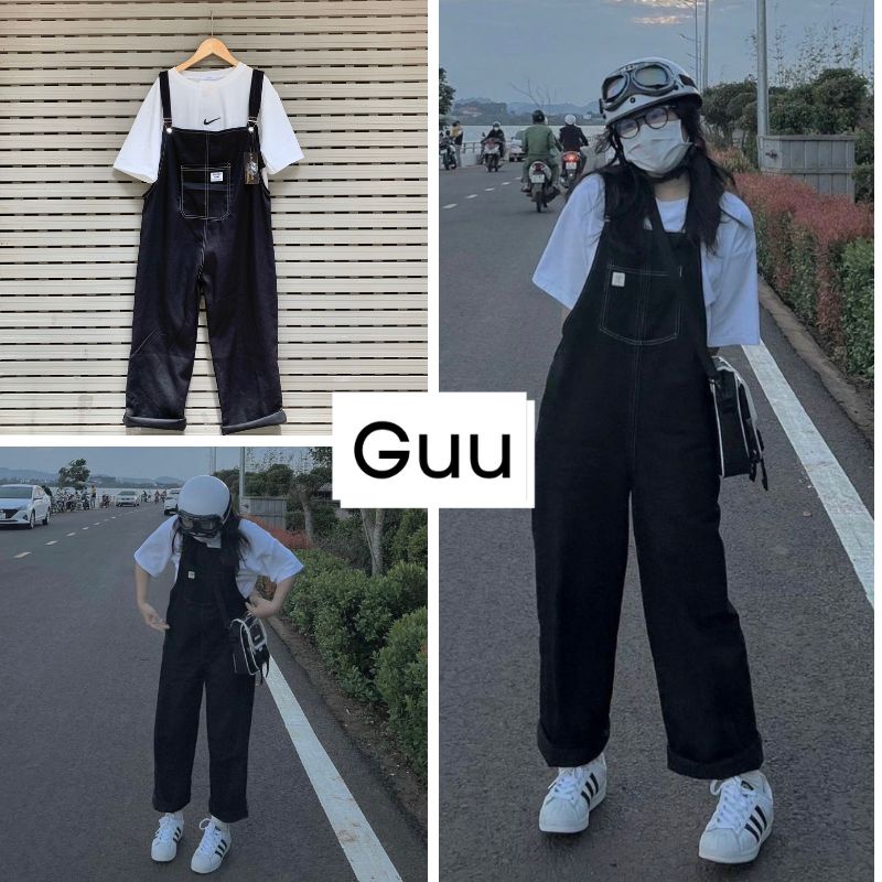 Yếm nữ hai dây dáng suông thiết kế màu đen cá tính phong cách Ulzzang GUU