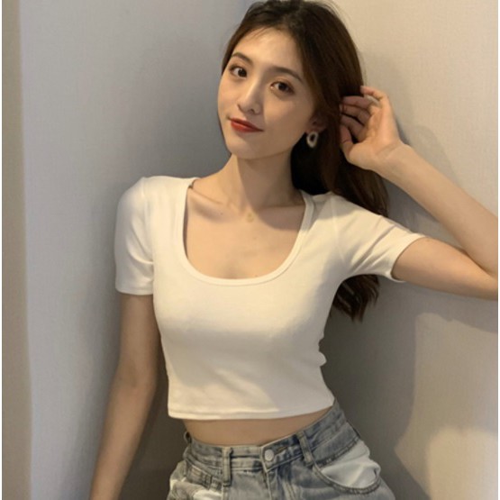 Áo croptop cổ vuông Basic, chất thun xịn Forever 21 co giãn 4 chiều thoải mái, cổ chữ U áo kiểu nữ trơn CRON 5