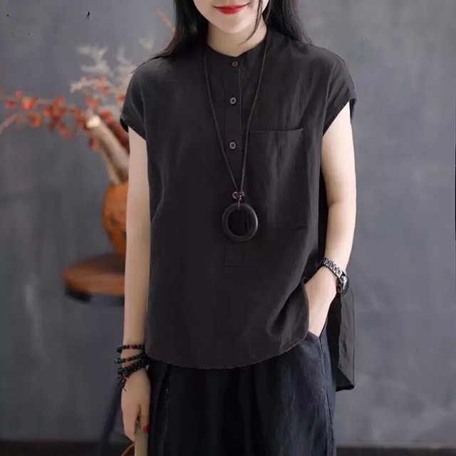 Áo sơ mi cổ trụ Linen cho nữ