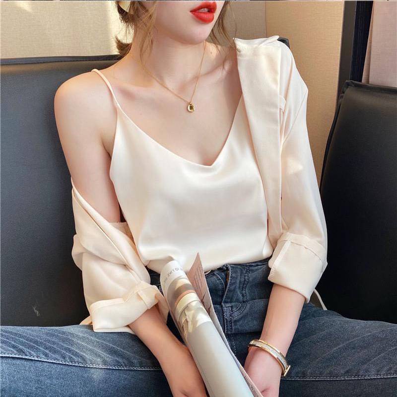 2021 spring and summer Korean version of the new sexy satin silk loose thin exterior wear inside the hinge bottoming shirt