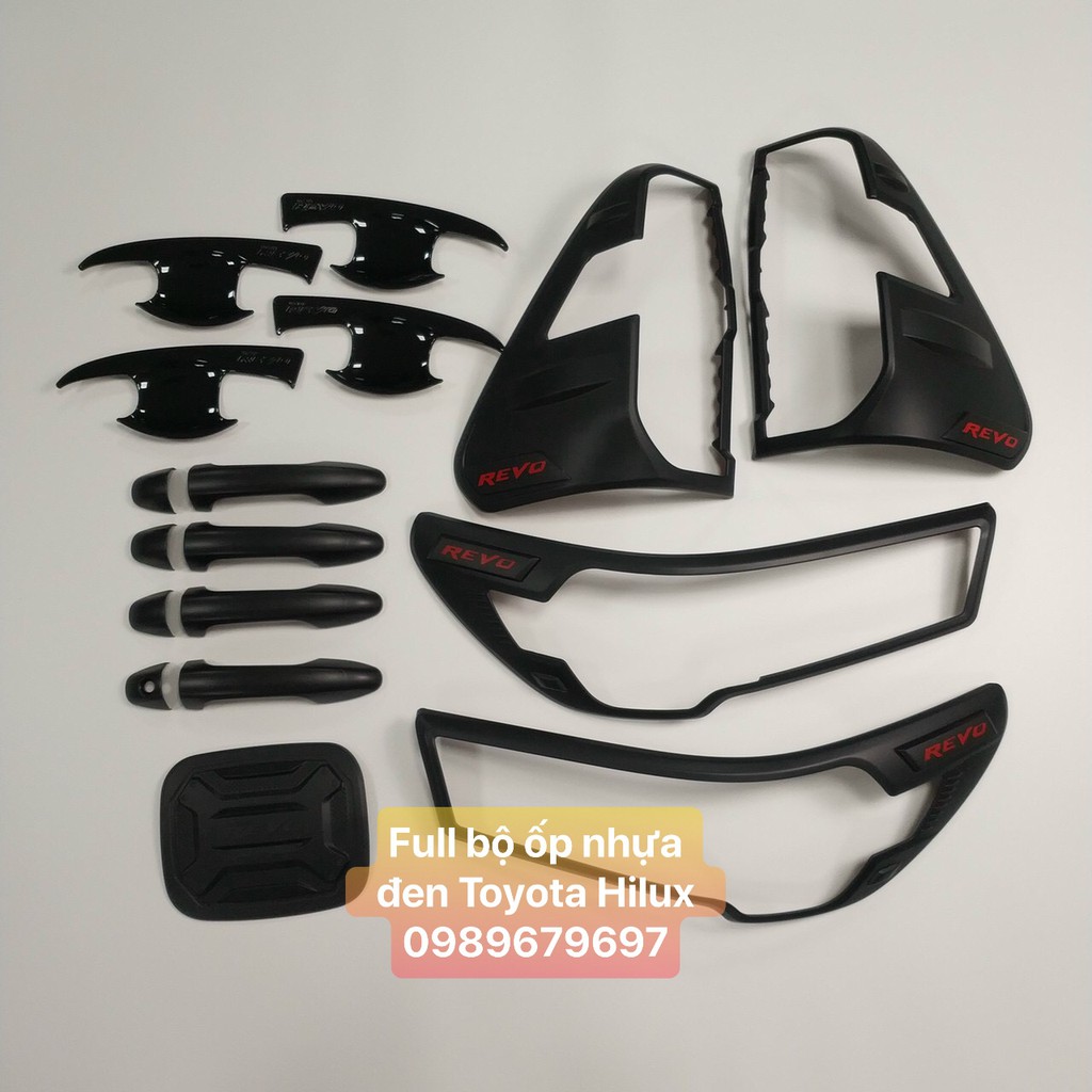 Bộ ốp viền đèn pha hậu xe Hilux Revo 2016-2022, Đủ 2 bản 1 cầu và 2 , Bộ ốp nhựa đen ABS trang trí bảo vệ xe