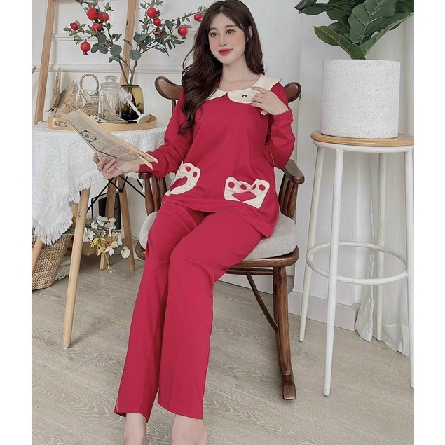 Bộ Bầu Dài Tay Thu Đông Cổ Ren, Tiện Cho Bé Bú