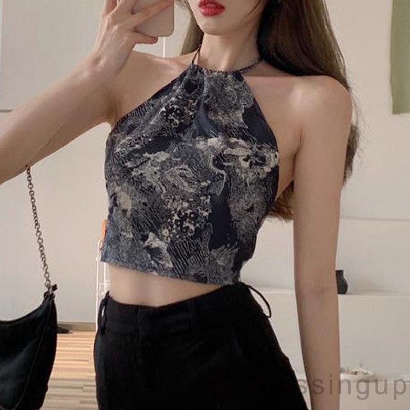 DRE-Women´s Summer Sleeveless Vest, Pattern Printed Hanging Neck Tank Tops